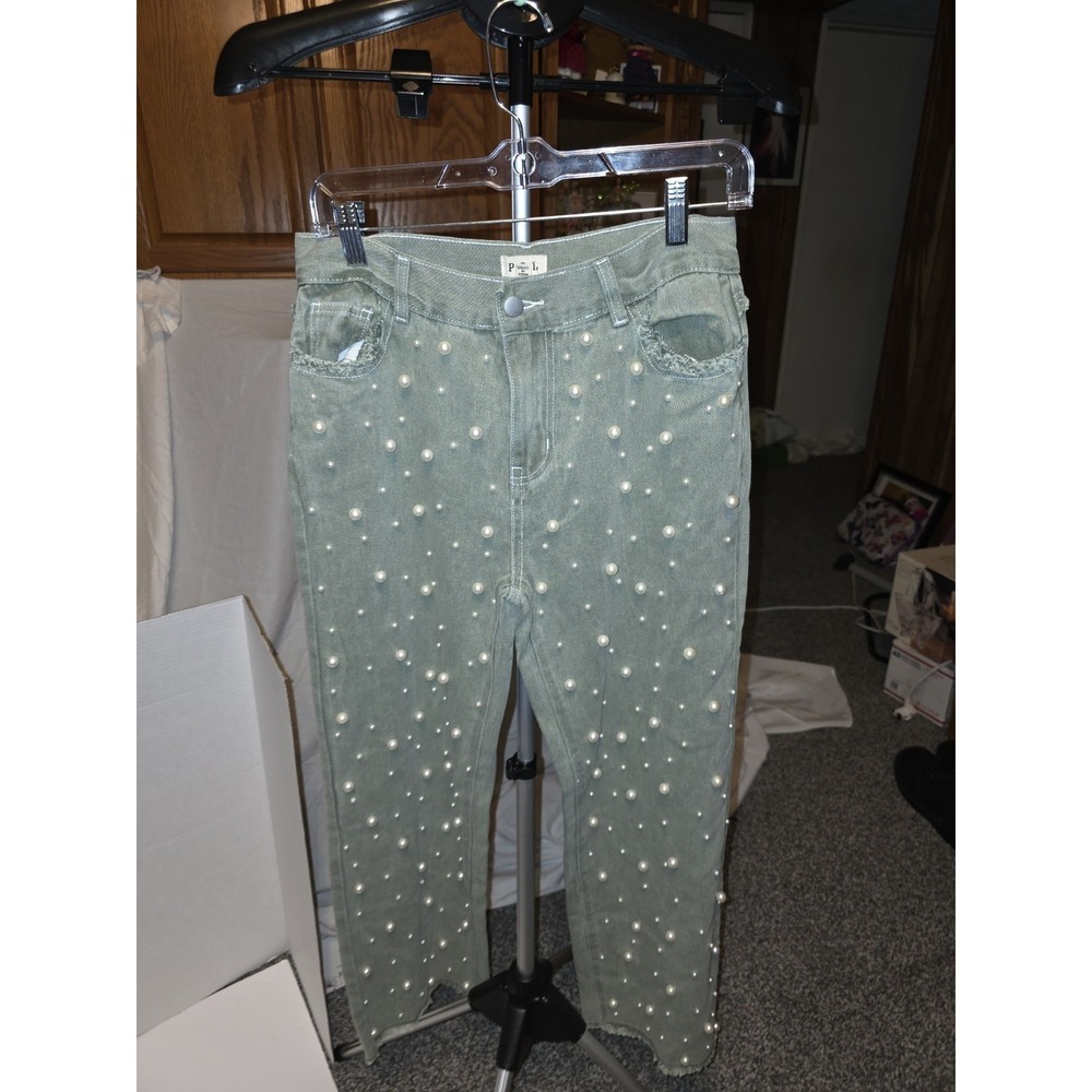 Pol Jeans Size M. Sage Green Straight Leg‎ With Pearl Beaded Design On Front....